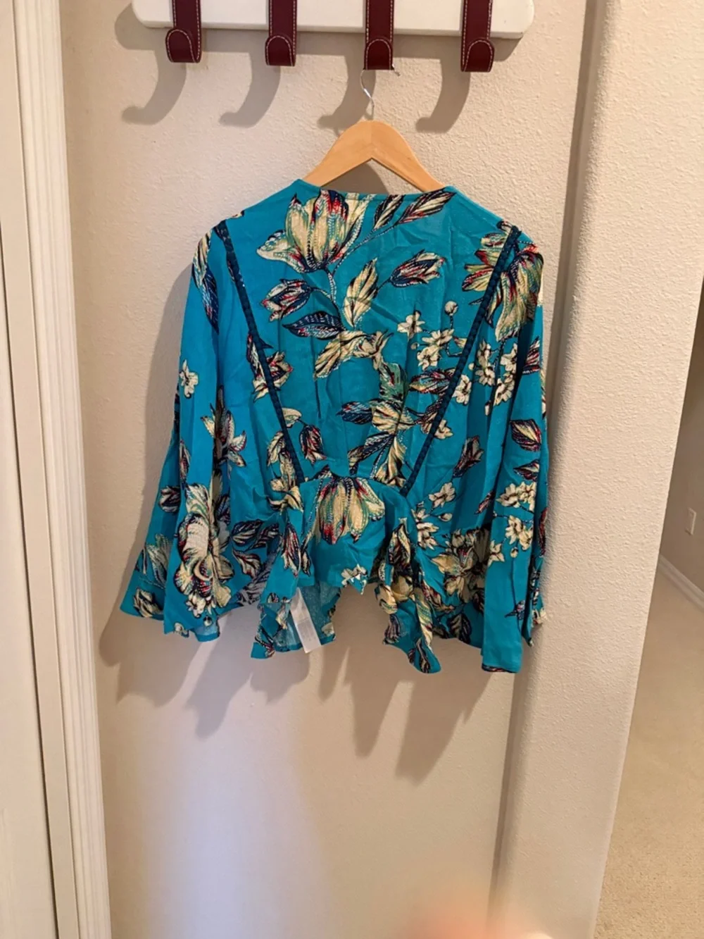 Free People Teal Floral Tie-Front Top - Picture 3 of 4